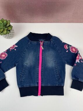 Limited Too Blue Denim Full Zip Pink Floral Jean Jacket Girl 4 Small Casual